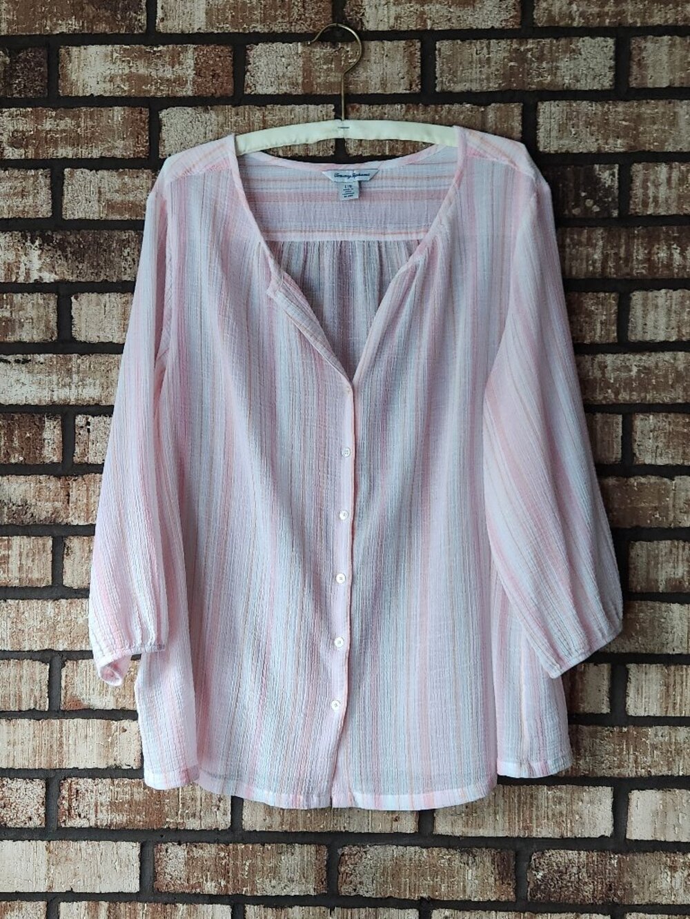 Tommy Bahama Cotton Gauze Blouse 3/4 Sleeve Pink White Stripe Size Large